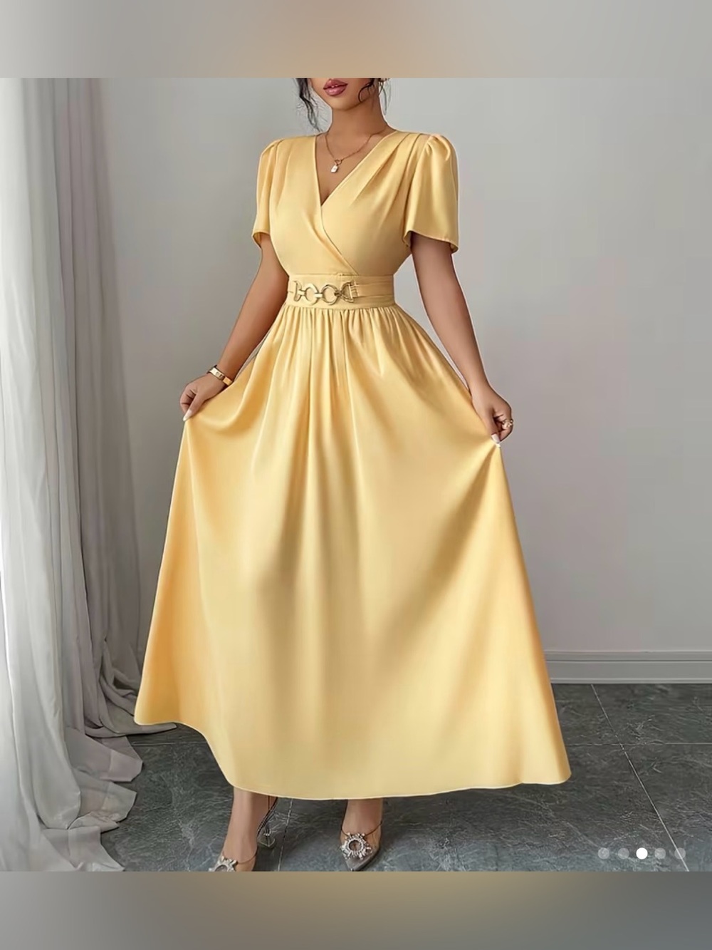 Elegant Yellow Wrap Maxi Dress with Belt